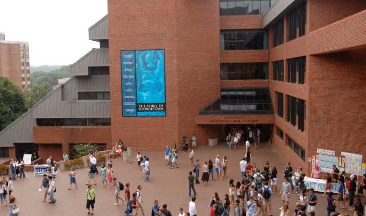 Aerial view of Red Square and ICC Building with students in the square