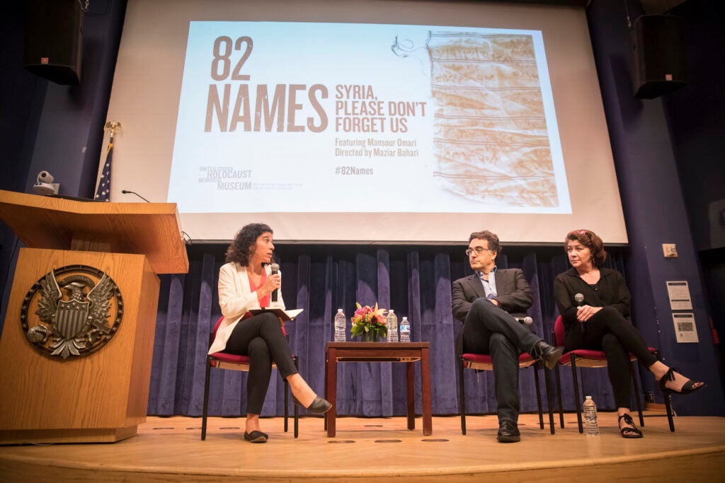 Photo from October 1, 2018 event: a documentary screening of 82 Names at Georgetown University with post discussion featuring Maziar Bahari, Rafif Jouejati, and Dr. Laia Balcells.